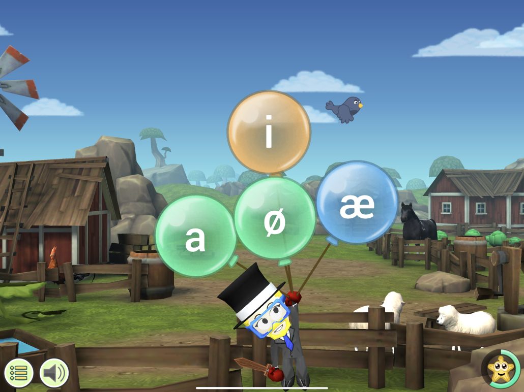 A screenshot of a gamified literacy app with an avatar holding balloons containing letters.